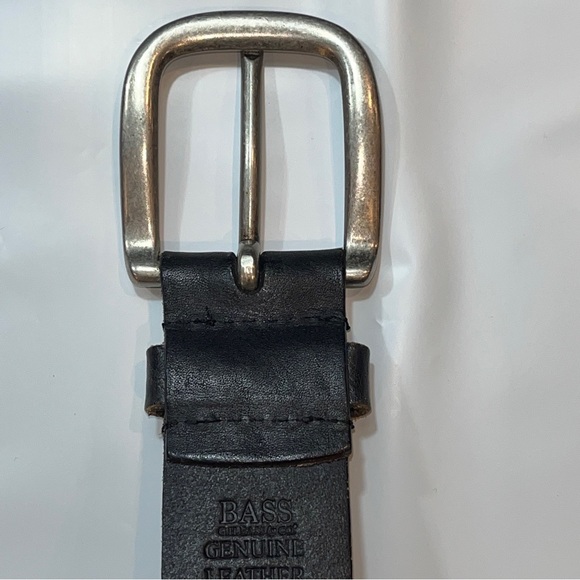 BASS Black LEATHER Cut Outs 1.5” Belt Silver SQUARE Buckle 39” Long medium boho - Picture 2 of 15